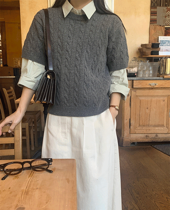 베일 케이블 반팔 (knit)(캐시미어10%)(울60%)